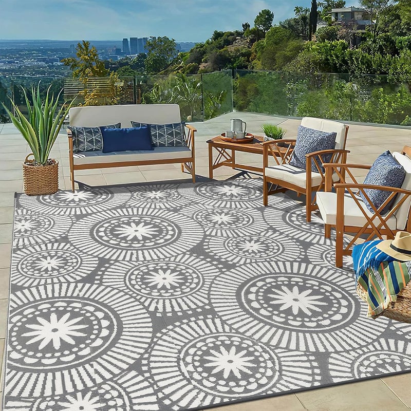 Ileading Outdoor Plastic Straw Rug 8x10ft Modern Geometric Style Reversible Patio Area Rugs Waterproof Non Shedding Portable Carpets for Rv Outside Deck Pool Beach Picnic Camping (Grey) - Image 1